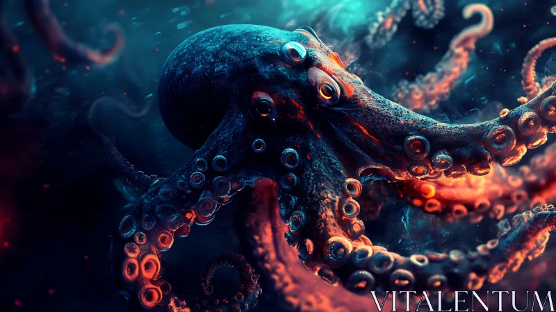Digital octopus rendering in bioluminescent seascape environment.