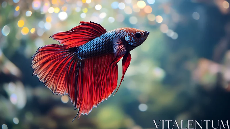 Vibrant red betta fish gliding through soft bokeh waters.