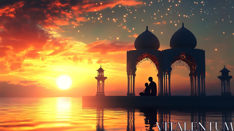 Sunset mosque silhouette over calm reflective sea horizon.