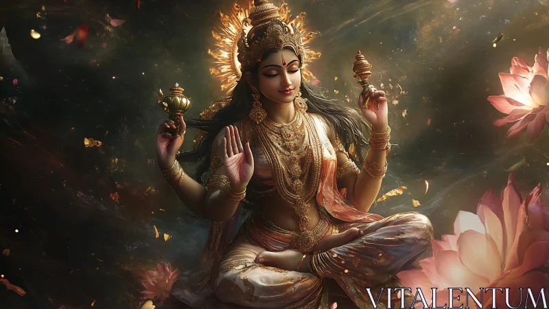Goddess figure in golden meditation among glowing lotus blooms.