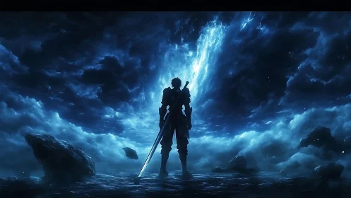 Solitary armored warrior confronts luminous celestial storm