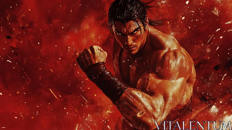 Martial artist charges through blazing red battle energy.