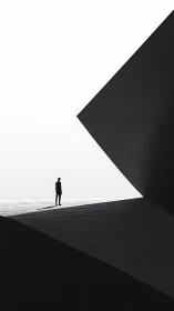 Solitary figure between stark geometric black forms.