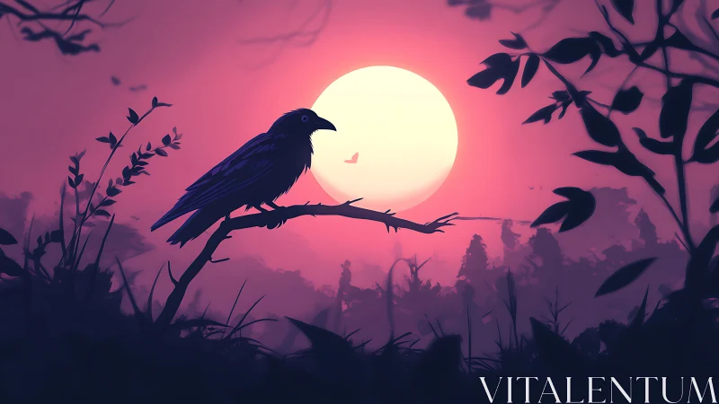 Midnight raven poised against neon magenta moonrise glow.
