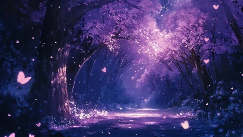 Nocturnal sakura forest rendered with luminous violet atmospheric bloom