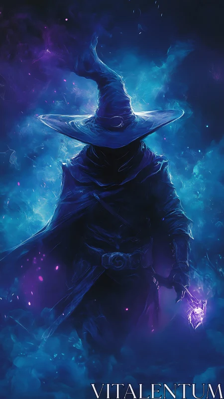 Mystic midnight wizard walks through swirling starlit smoke.