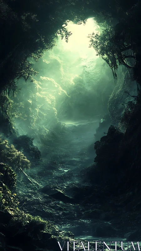 Cave Opening with Luminous Sky and Lush Vegetation.