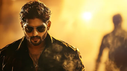 Bearded man in sunglasses against hazy golden backdrop.