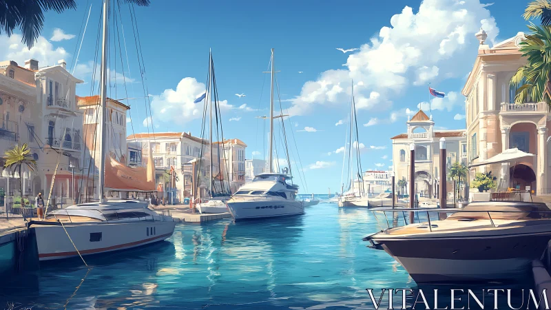 Sunlit luxury marina with yachts along elegant villas.