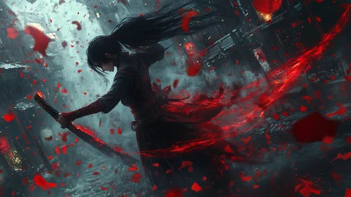 Digital painting of katana warrior in crimson motion field.