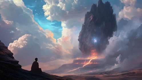 Meditative observer facing levitating volcanic monolith portal.