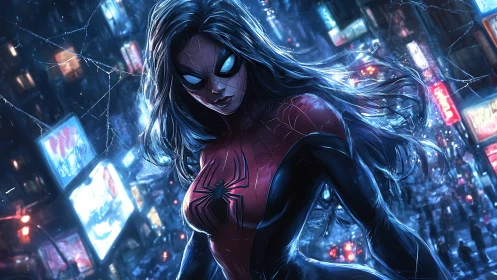Spider-heroine scans neon city from rain-soaked rooftop edge