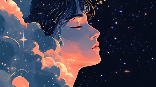 Stargazer wrapped in cosmic clouds of twilight reverie.