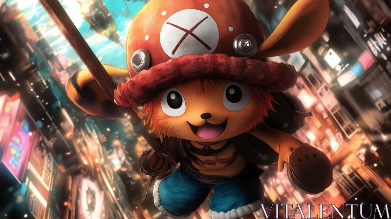 Anthropomorphic cartoon figure descending over cityscape.