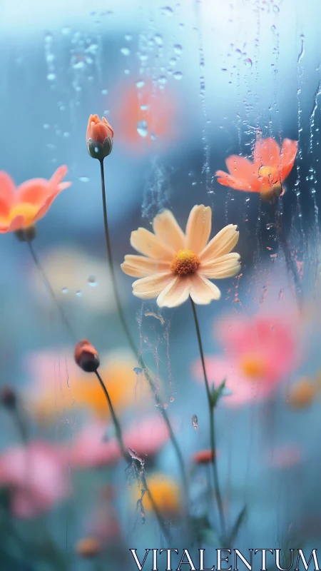 Delicate flowers bloom behind rain-streaked glass with selective focus.