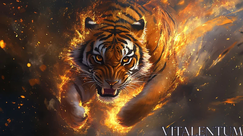 Tiger in mid-leap surrounded by stylized flames and sparks.