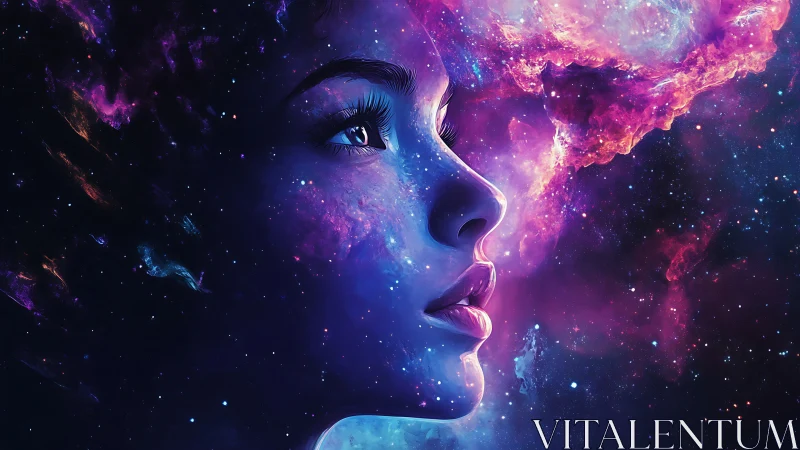 Female profile silhouette blended with glowing cosmic nebula.