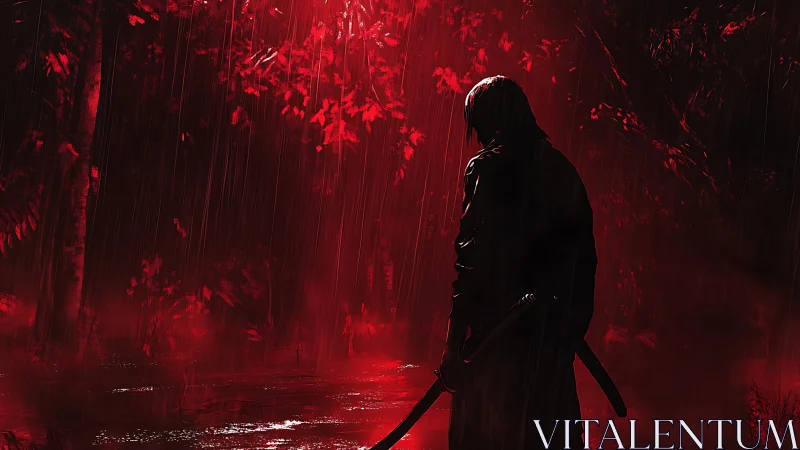 Backlit katana wielder stands in rain-soaked red forest haze