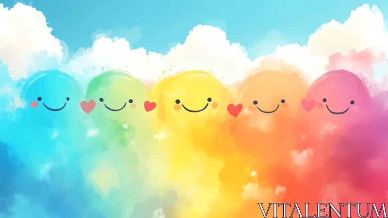 Row of colorful smiling clouds under bright sky period