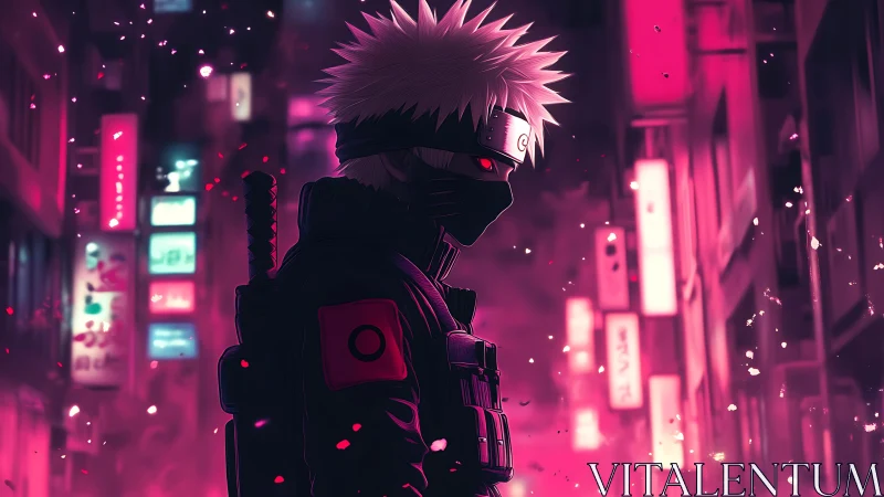 Masked cyber ninja in neon alley with glowing blade poised.