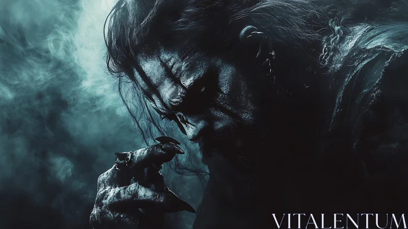 Brooding demon profile in cold cyan cinematic shadows.