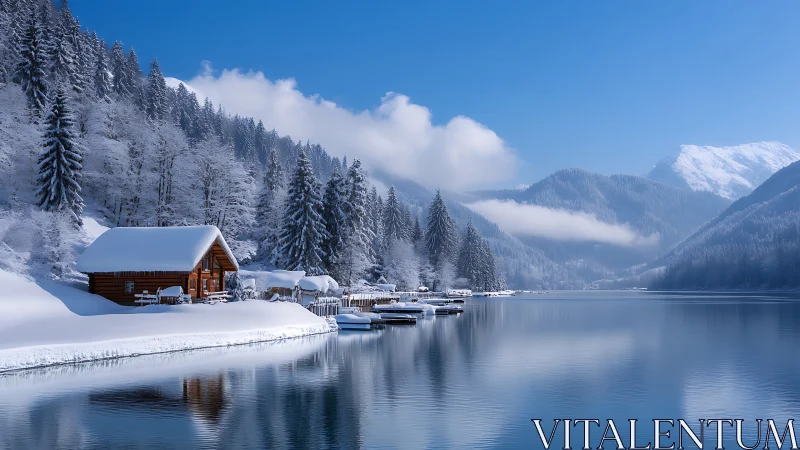 Snow covered lakeside cabin with moored boats and pine forest.