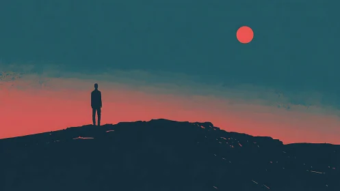 Solitary silhouette studies a coral sun over quiet horizon