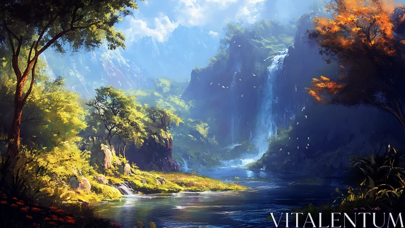 Lush digital valley with waterfall, river and bright trees.