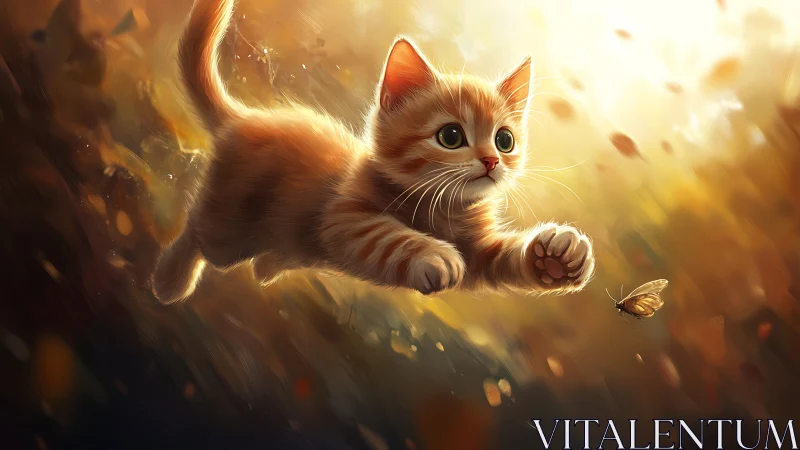 Ginger Kitten Pouncing on Butterfly in Golden Light.