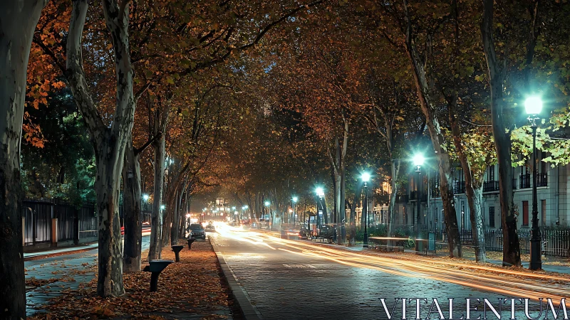 Tree-lined boulevard at night with warm light trails.