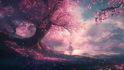 Digital landscape depicts flowering trees by reflective lake