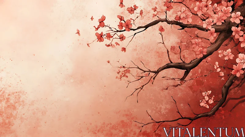 Asymmetrical cherry branch composition with graded red wash background
