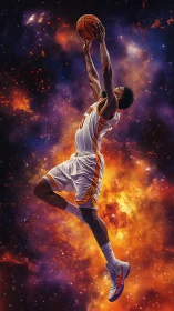 Basketball player soars for a dunk through cosmic nebula light