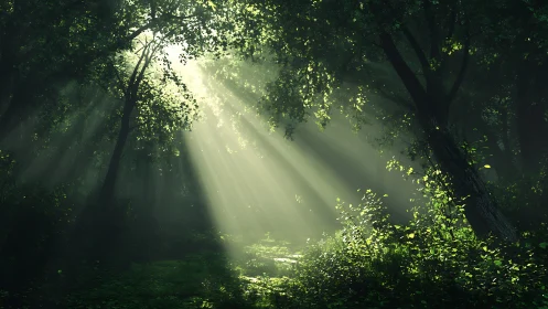 Photoreal forest glade with volumetric sunbeams and contrast lighting.
