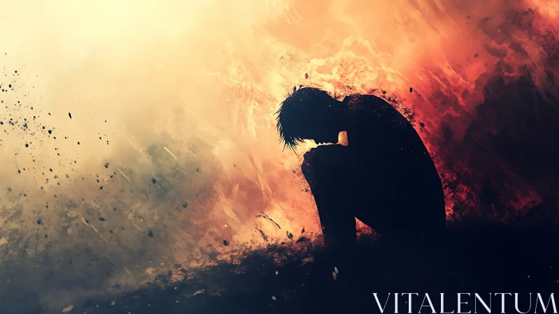Silhouetted figure kneels within erupting inferno of light.