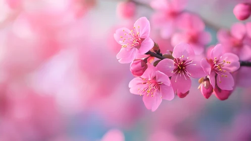 Pink peach blossoms with visible stamen structures displaying shallow depth field bokeh
