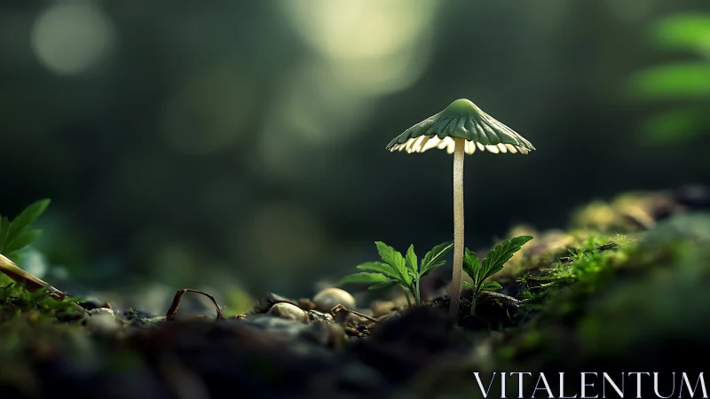 Solitary forest mushroom stands in shallow depth of field