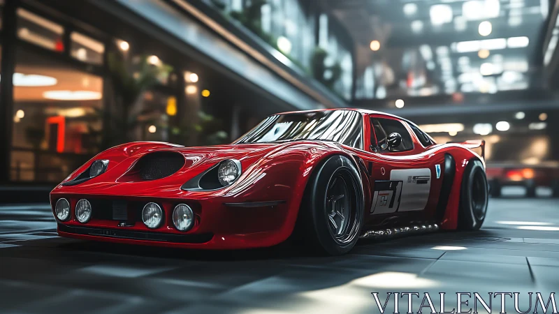 Red race car sits low in modern indoor garage environment
