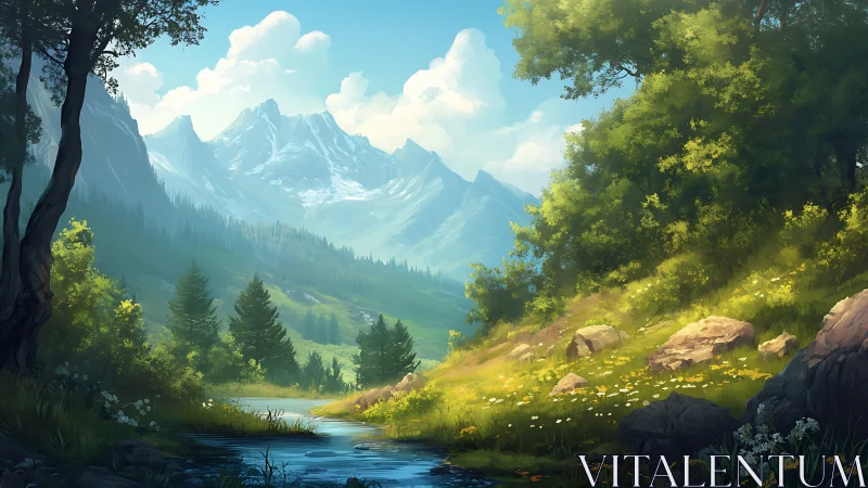 Sunlit mountain meadow and quiet creek for unhurried daydreams.