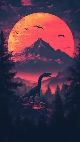 Surreal neon dinosaur landscape under colossal crimson moon.