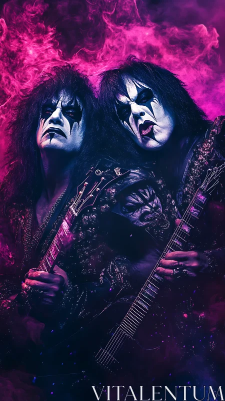 Dual guitarists in corpse paint amid pink and purple smoke.