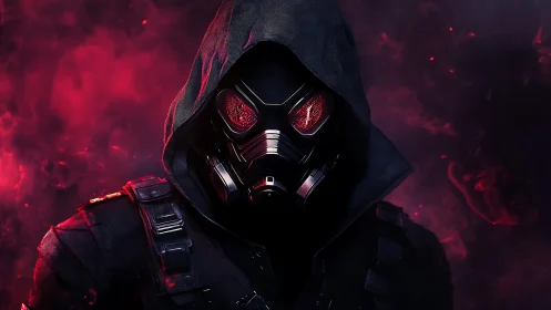 Hooded voidwalker with crimson cyber mask rising.