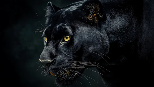 Black Panther Portrait: Golden-Eyed Predator Against Shadowed Background.