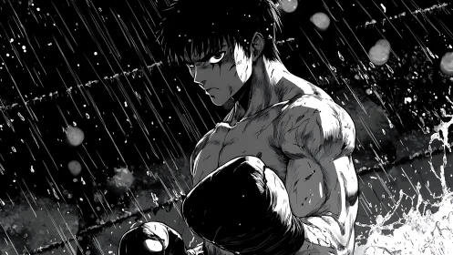 High-contrast manga boxer under driving rain, dynamic chiaroscuro.