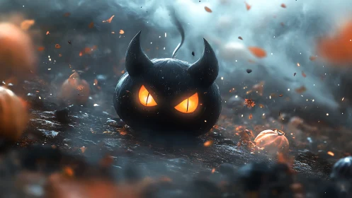 Demonic jack-o&rsquo;-lantern sphere glows in cinematic storm light