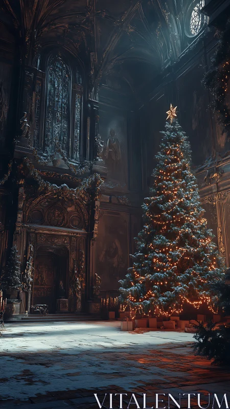 Grand hall interior with illuminated Christmas tree.