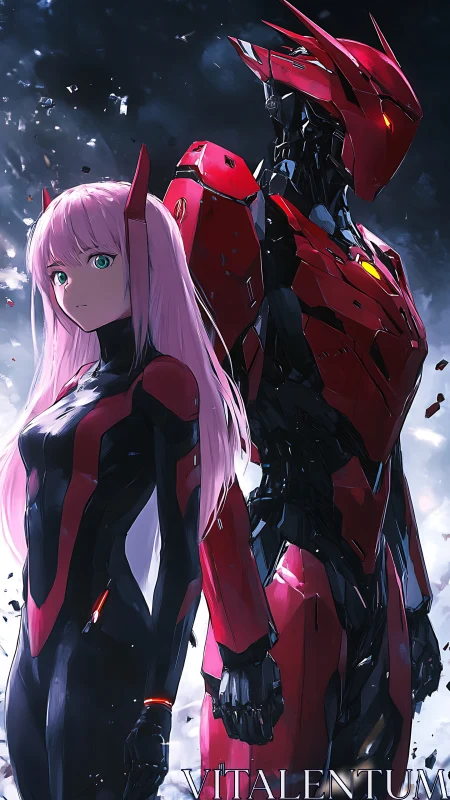 Neon pilot and crimson mech sentinel in stormlight standoff.