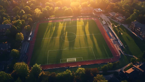 Rectangular football pitch occupies center of urban complex