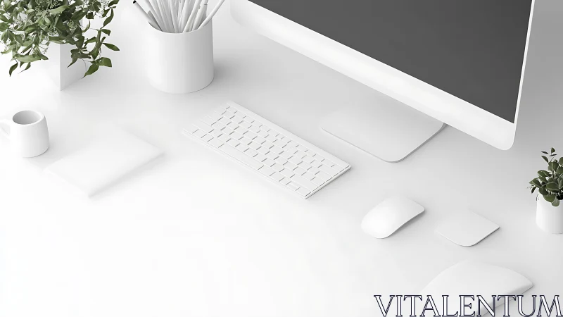 Calm white workspace with greenery and gentle tech harmony.