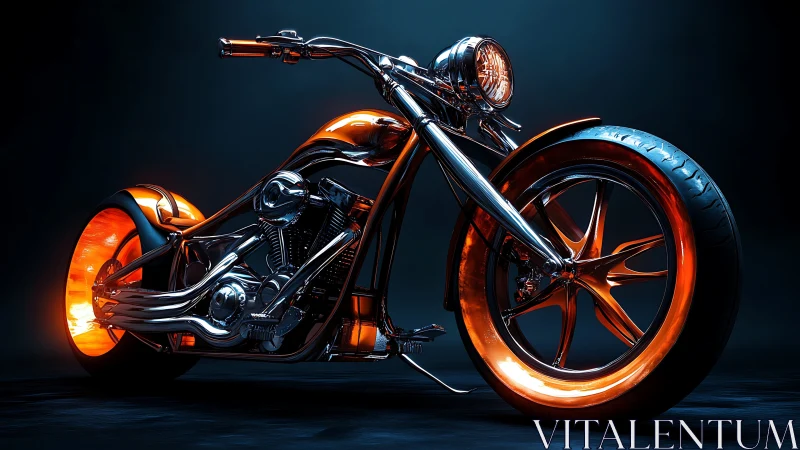 Chrome and ember-lit chopper poised for a midnight ride.